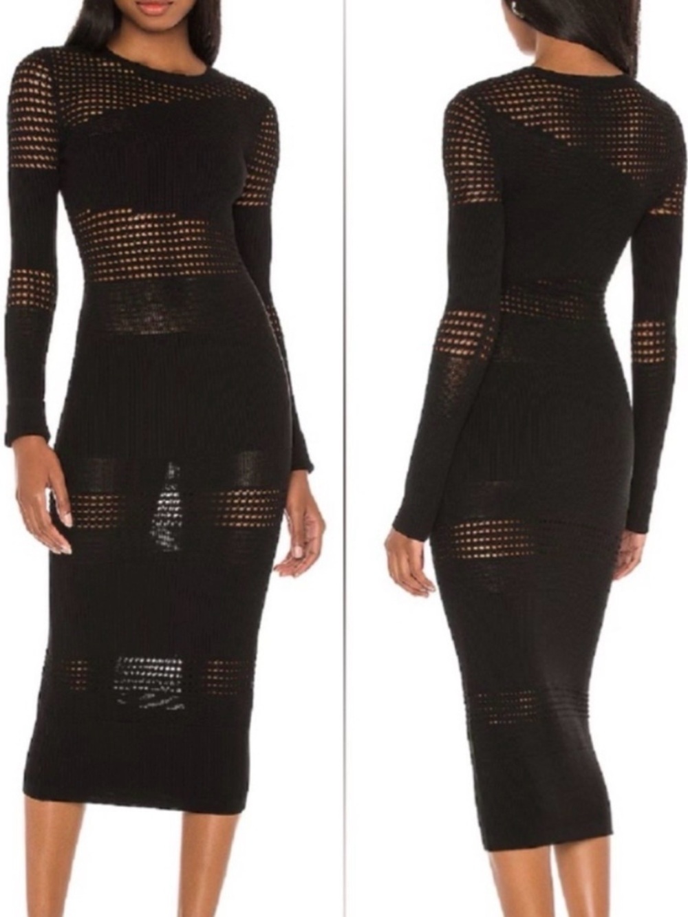 NWT Lovers + Friends Black Long Sleeve Knit Sheer-Panel Midi Dress